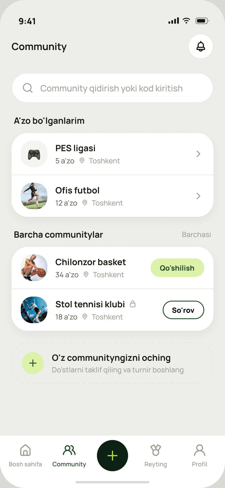 Communities screen with open and joined communities