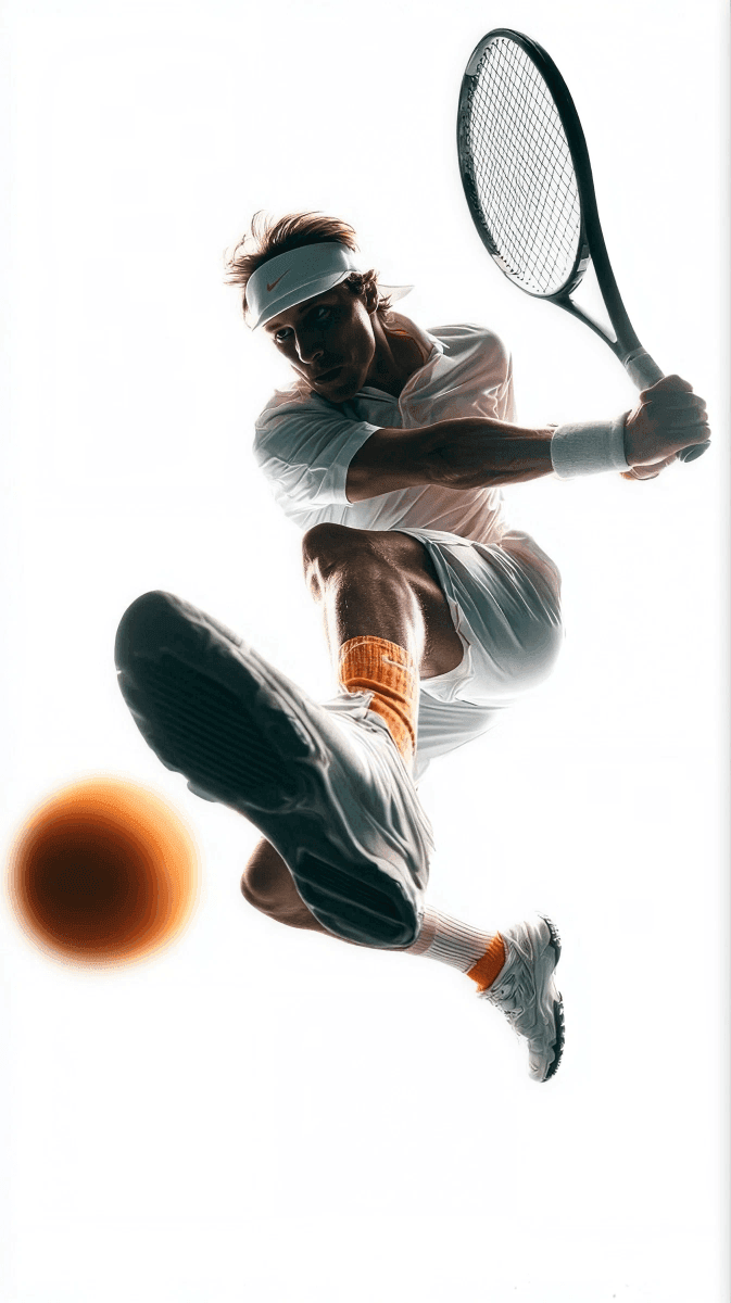 Tennis player striking the ball mid-jump